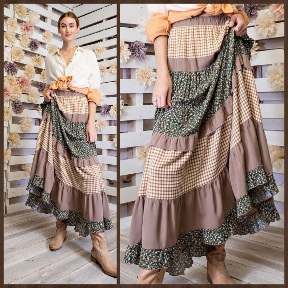 EASEL "Mix & Match" Gingham & Floral Print Ruffle Trim Tiered Maxi Skirt & Dress - Picture 10 of 16